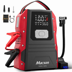Macson 5000A jump starter front view with digital display for quick power status.