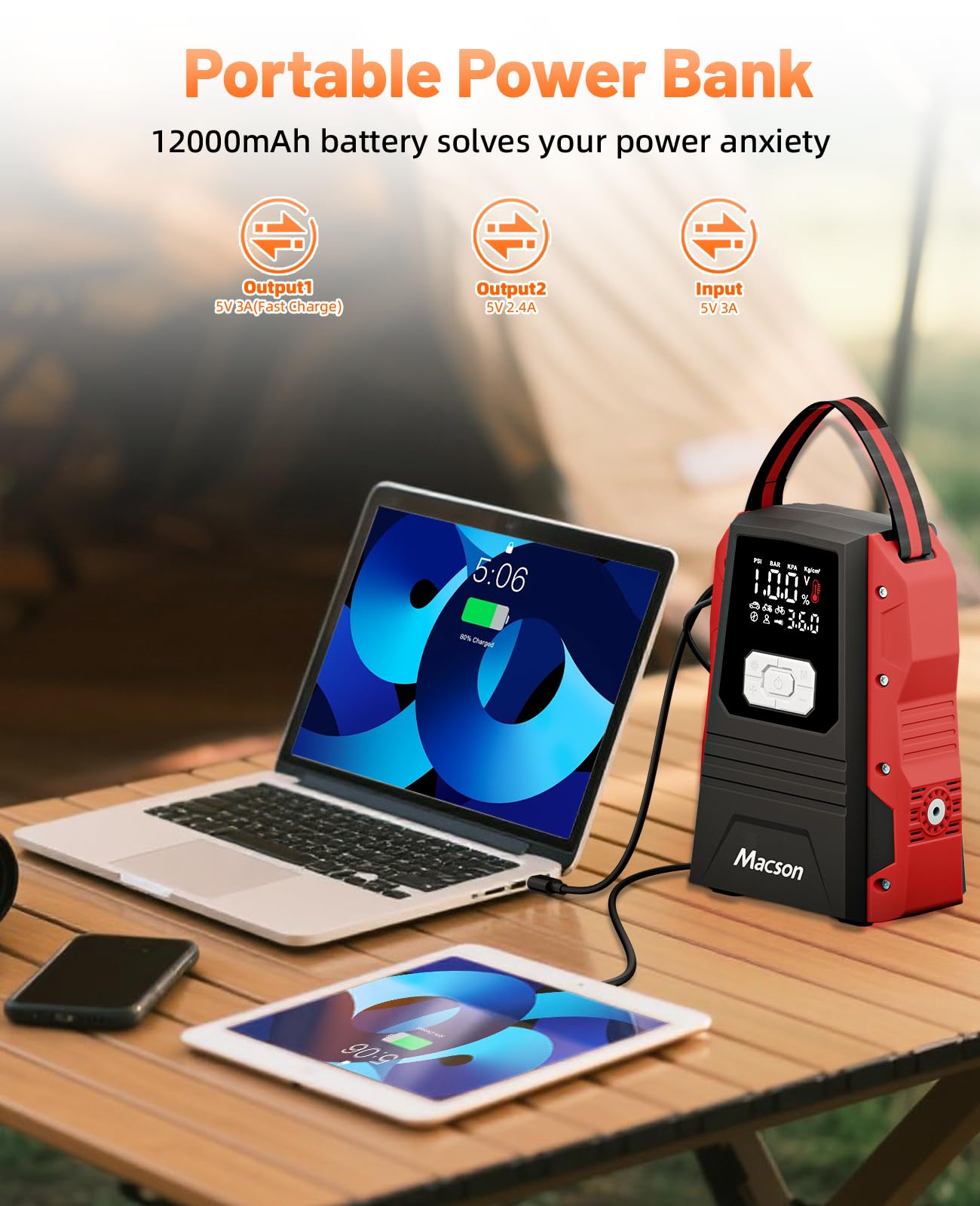 Macson 5000A jump starter compact LED flashlight ready for night tasks.