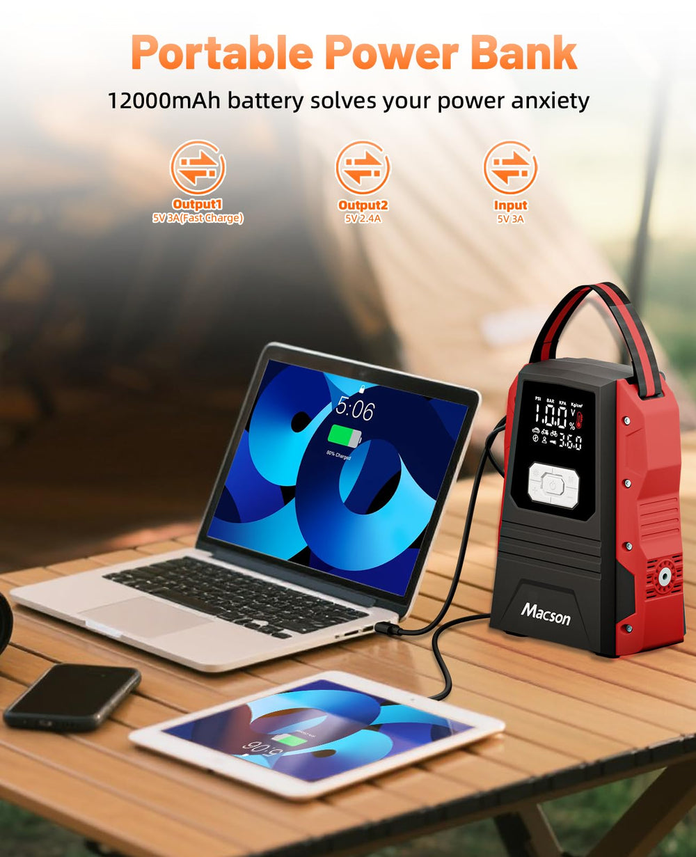 Macson 5000A jump starter compact LED flashlight ready for night tasks.