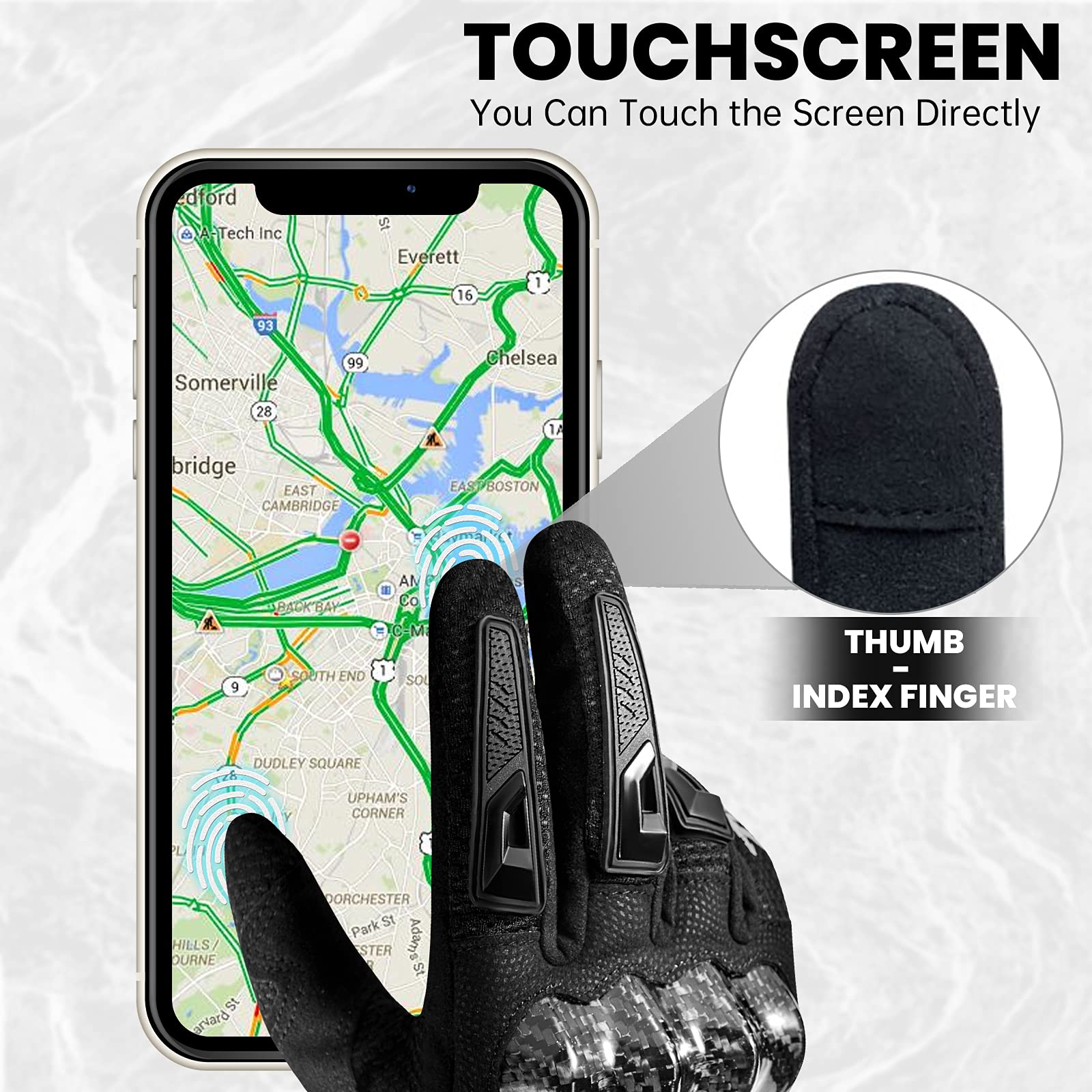 MADBIKE MD66 gloves touchscreen-friendly thumb and index finger for easy navigation.