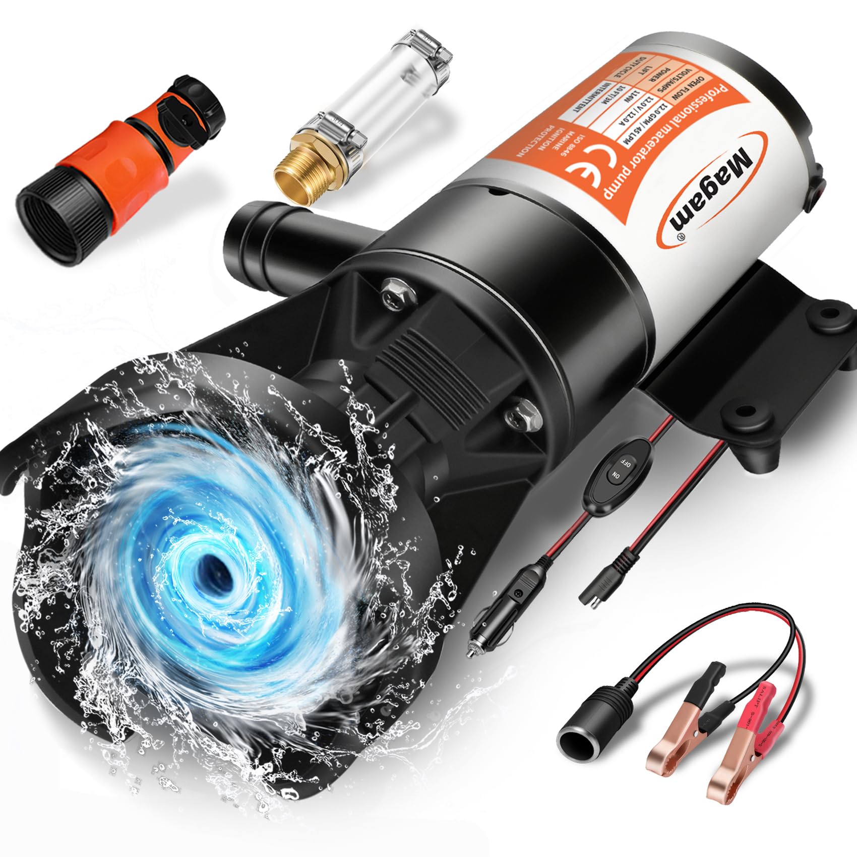 Magam RV macerator pump front view, compact marine-grade design ideal for tight RV spaces.