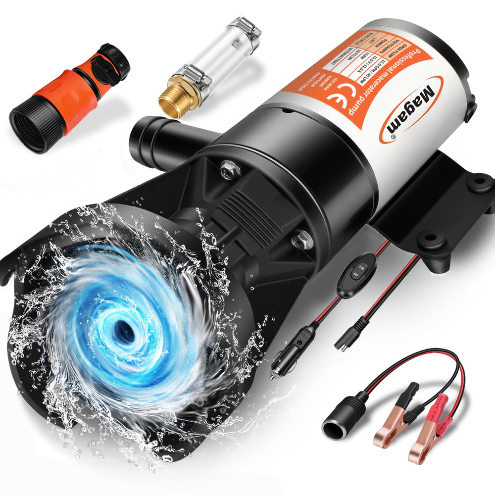 Magam RV macerator pump front view, compact marine-grade design ideal for tight RV spaces.