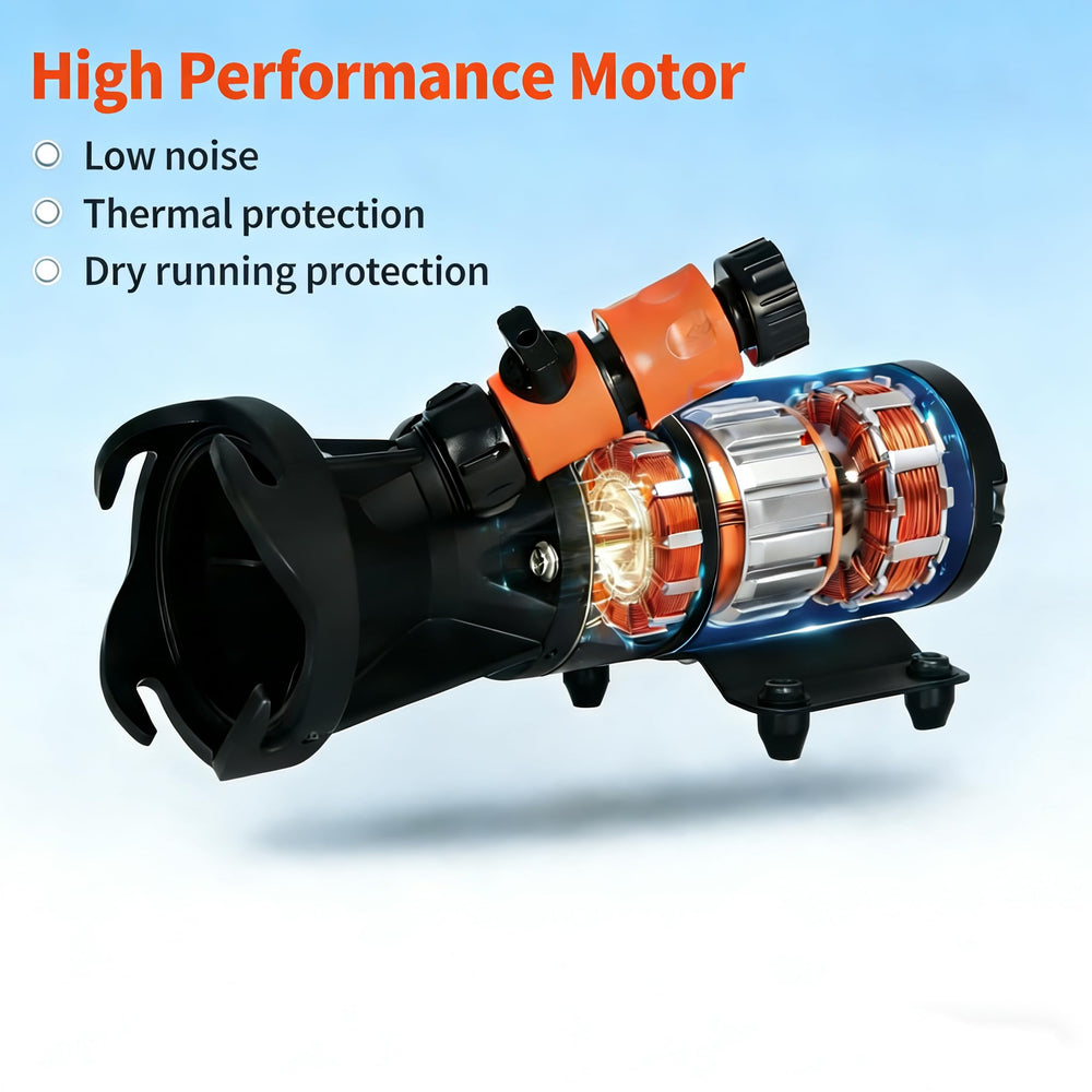Magam RV macerator pump garden hose discharge port shown for easy cleanups and quick rinses.