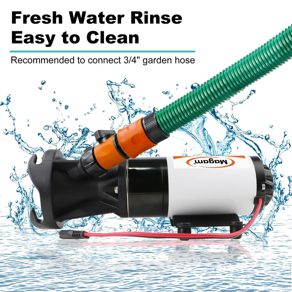 Magam RV macerator with water rinse connector for residue removal.