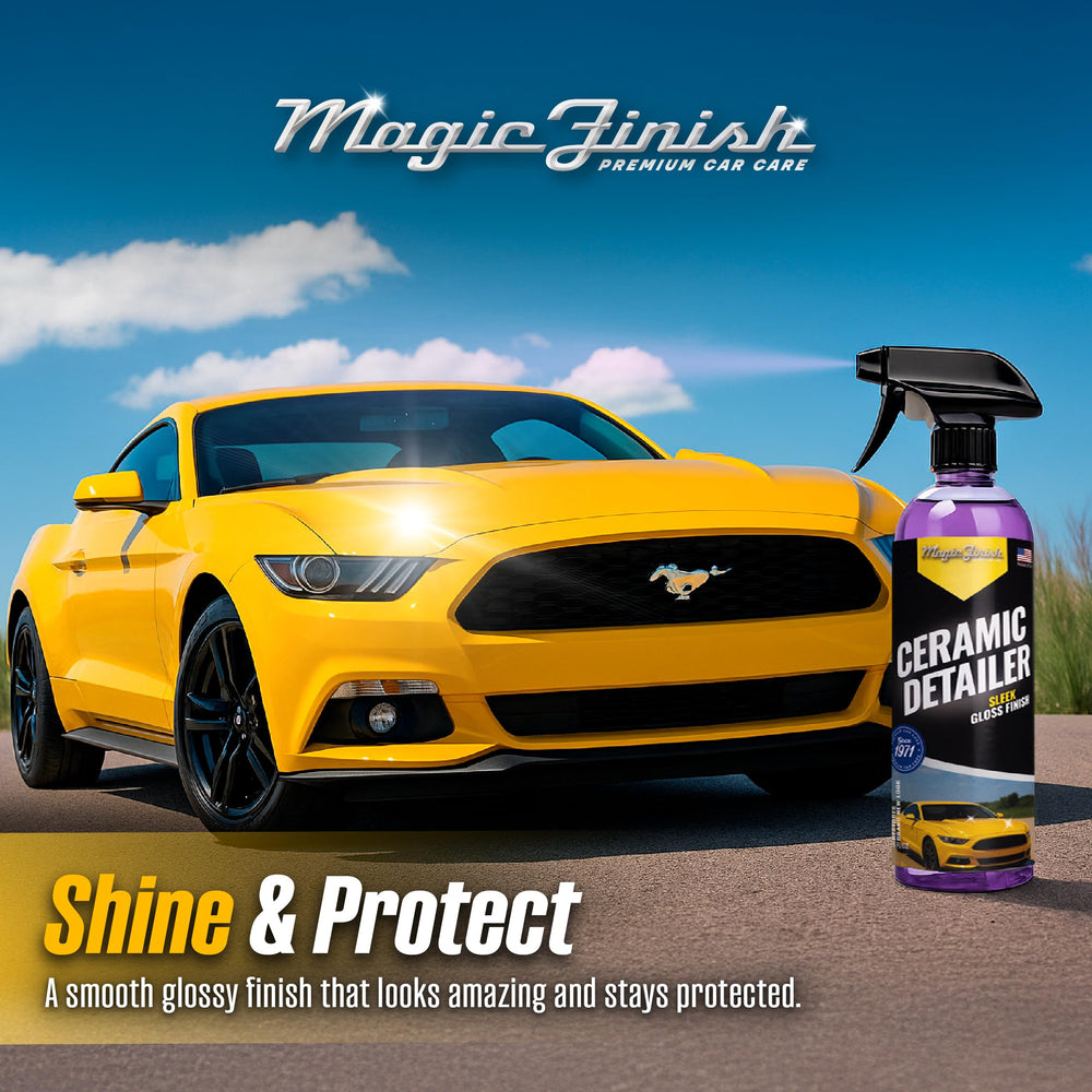 Magic Finish Ceramic Detailer spray-on action delivers even coverage and instant gloss.