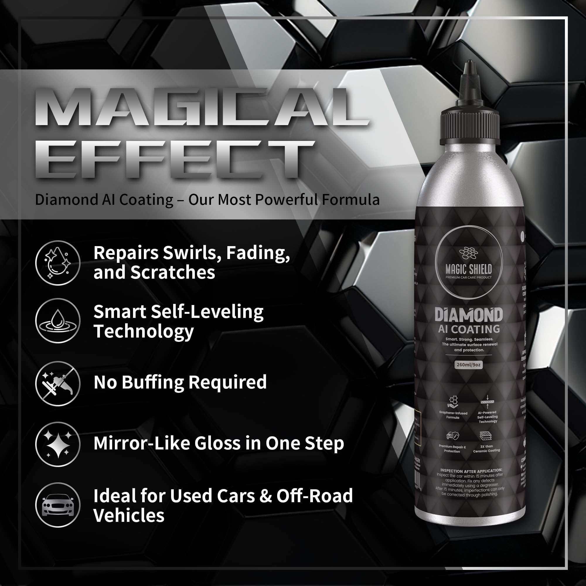 Magic Shield Diamond AI Coating bottle pour demonstrates easy, even DIY application