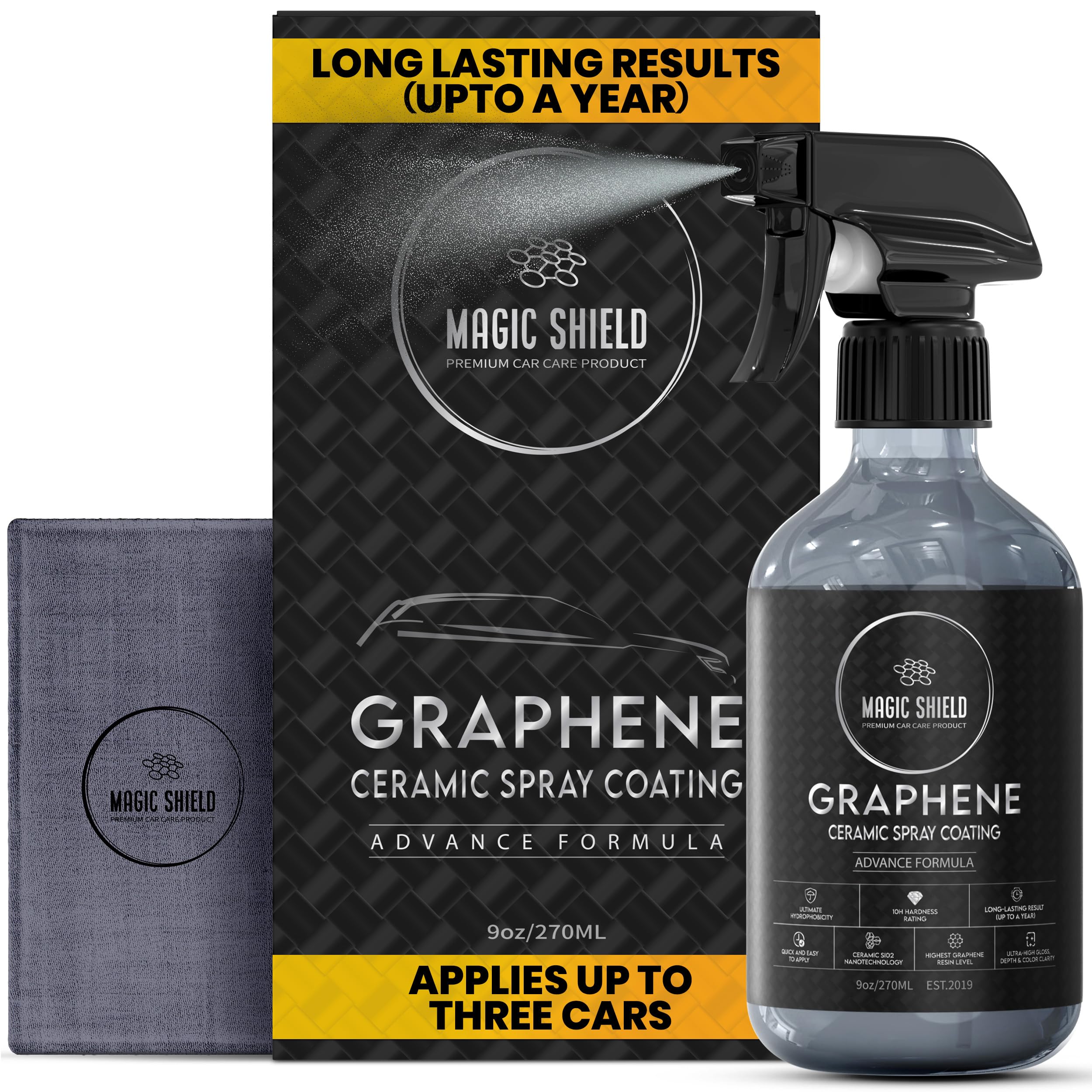 Magic Shield graphene ceramic spray bottle shows quick, durable vehicle protection.