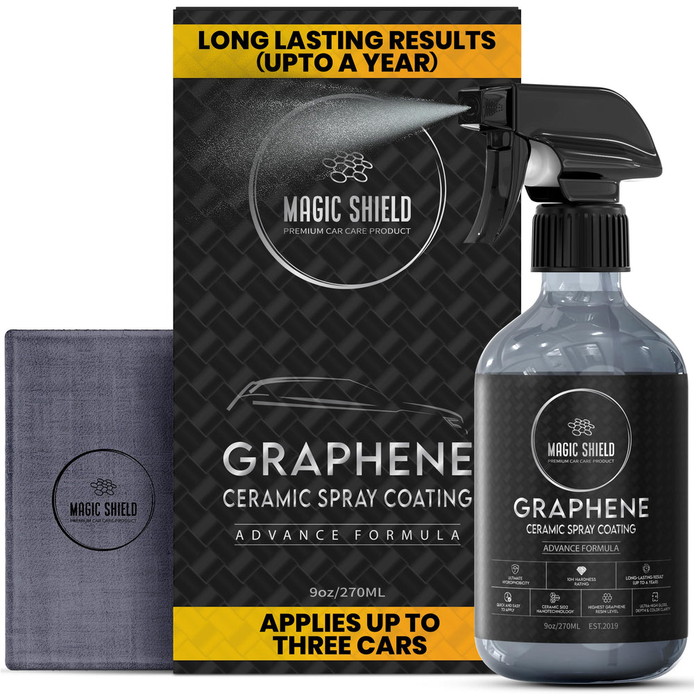 Magic Shield graphene ceramic spray bottle shows quick, durable vehicle protection.