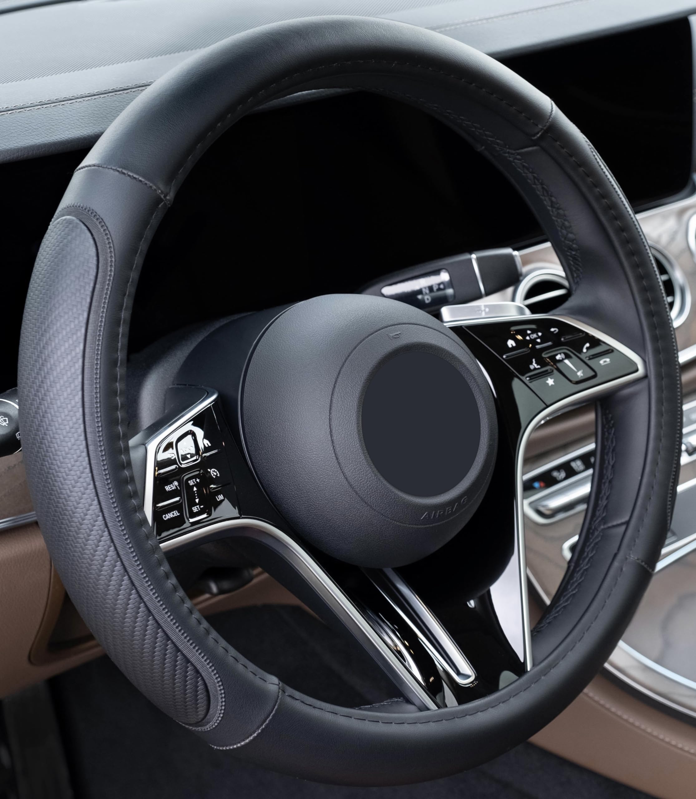 Magnelex microfiber leather steering wheel cover provides improved grip and sun protection.