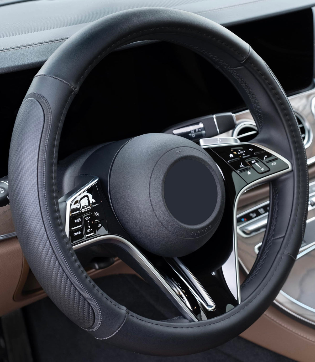 Magnelex microfiber leather steering wheel cover provides improved grip and sun protection.