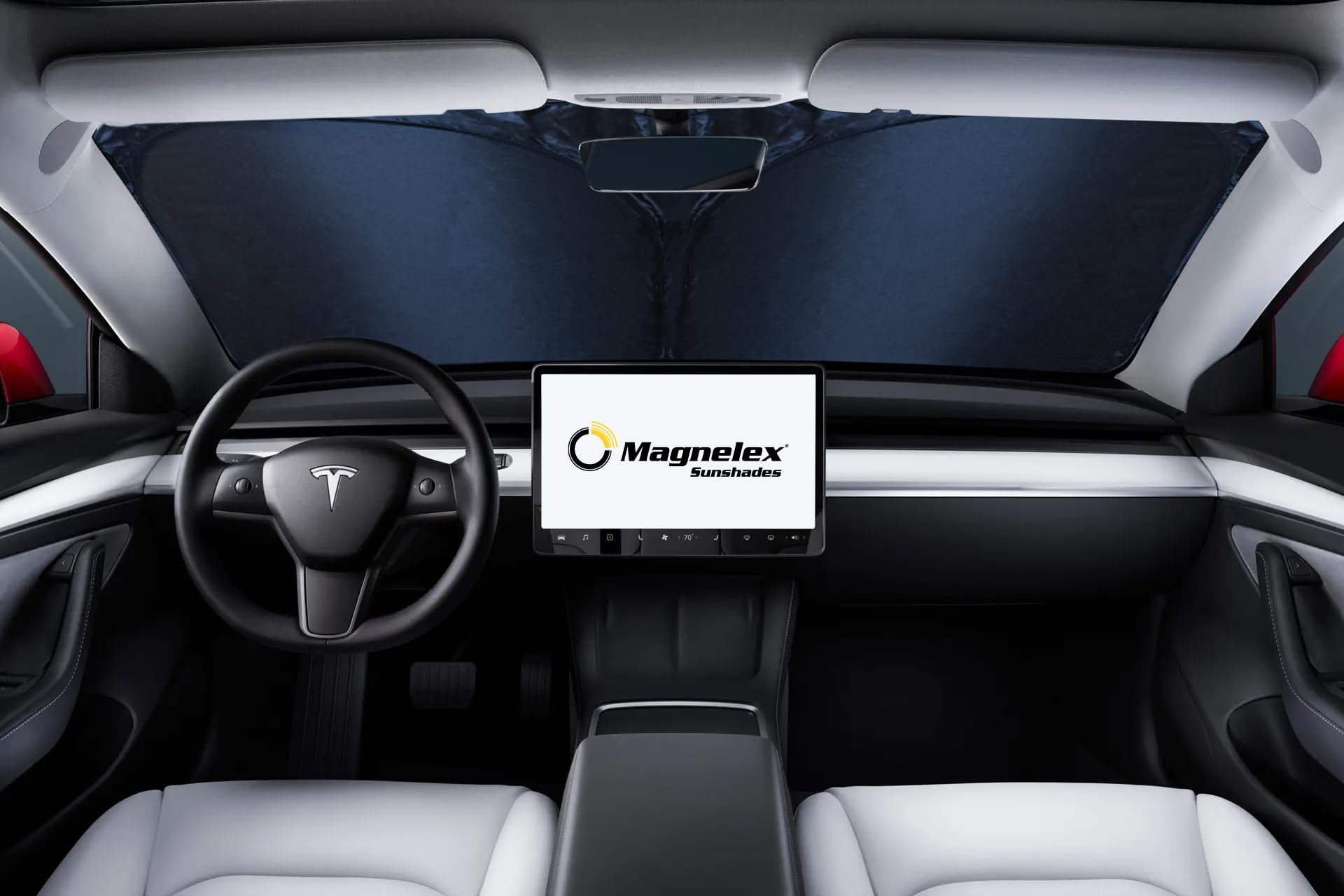 Magnelex Tesla Windshield Sun Shade for Model Y with mirror cut-out for closer coverage.