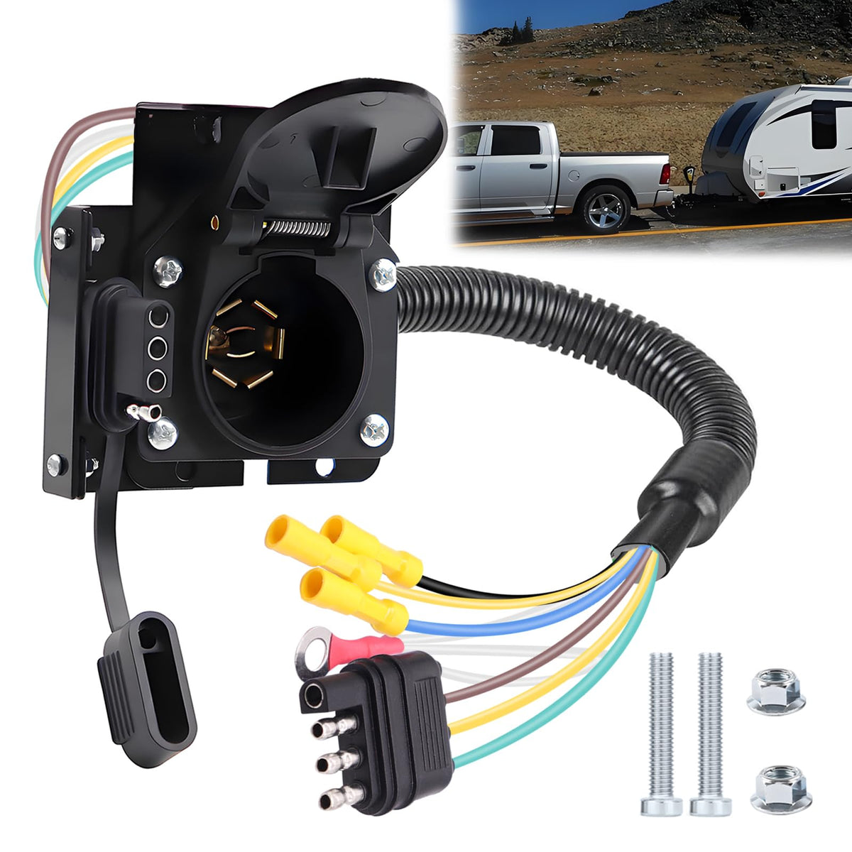Maierke 7-Way trailer plug with 7-pin to 4-pin connector for versatile RV and truck towing.
