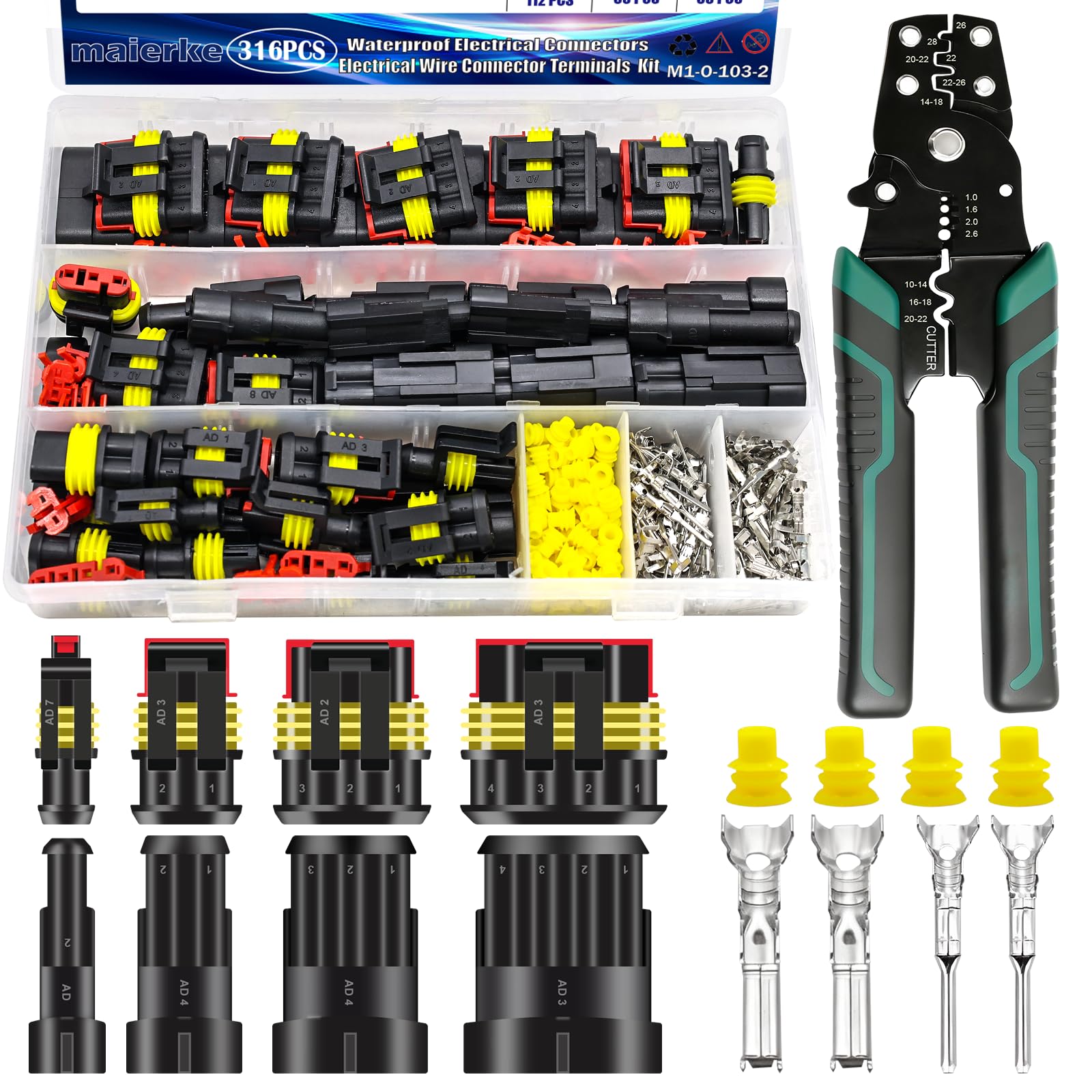 Maierke waterproof connector kit box shows full contents for quick automotive repairs.