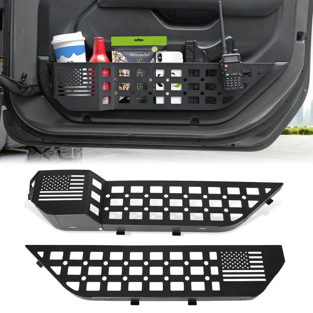 MAIKER Off Road metal front door storage box on Jeep Wrangler JL for organized gear.