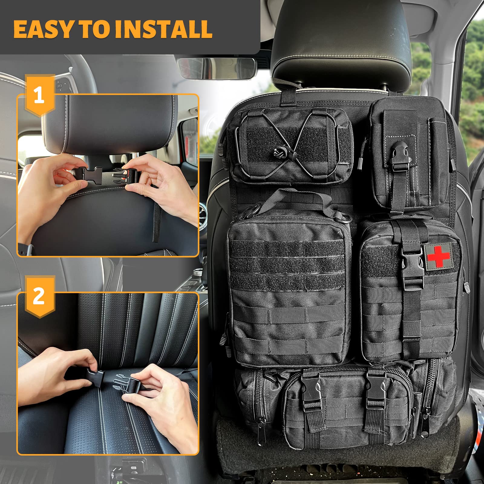 MAIKER OFF ROAD seat-back organizer headrest strap for quick installation.