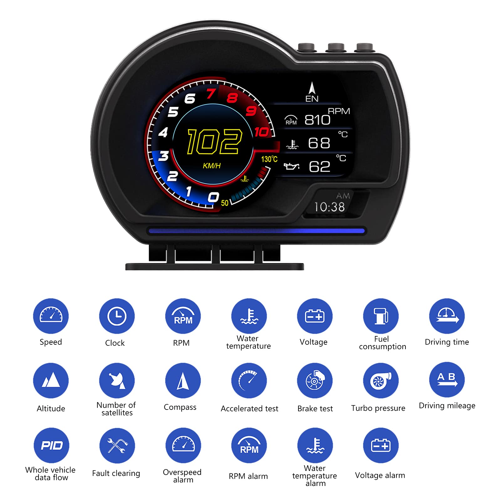 MAIMEIMI OBD2 GPS HUD RPM indicator helps manage engine revs during cruising.