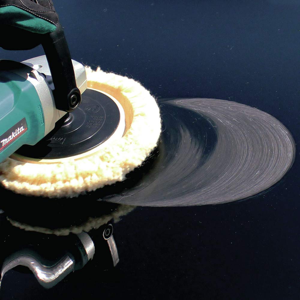 Makita wool bonnet in action, ready to apply compounds on a polisher.
