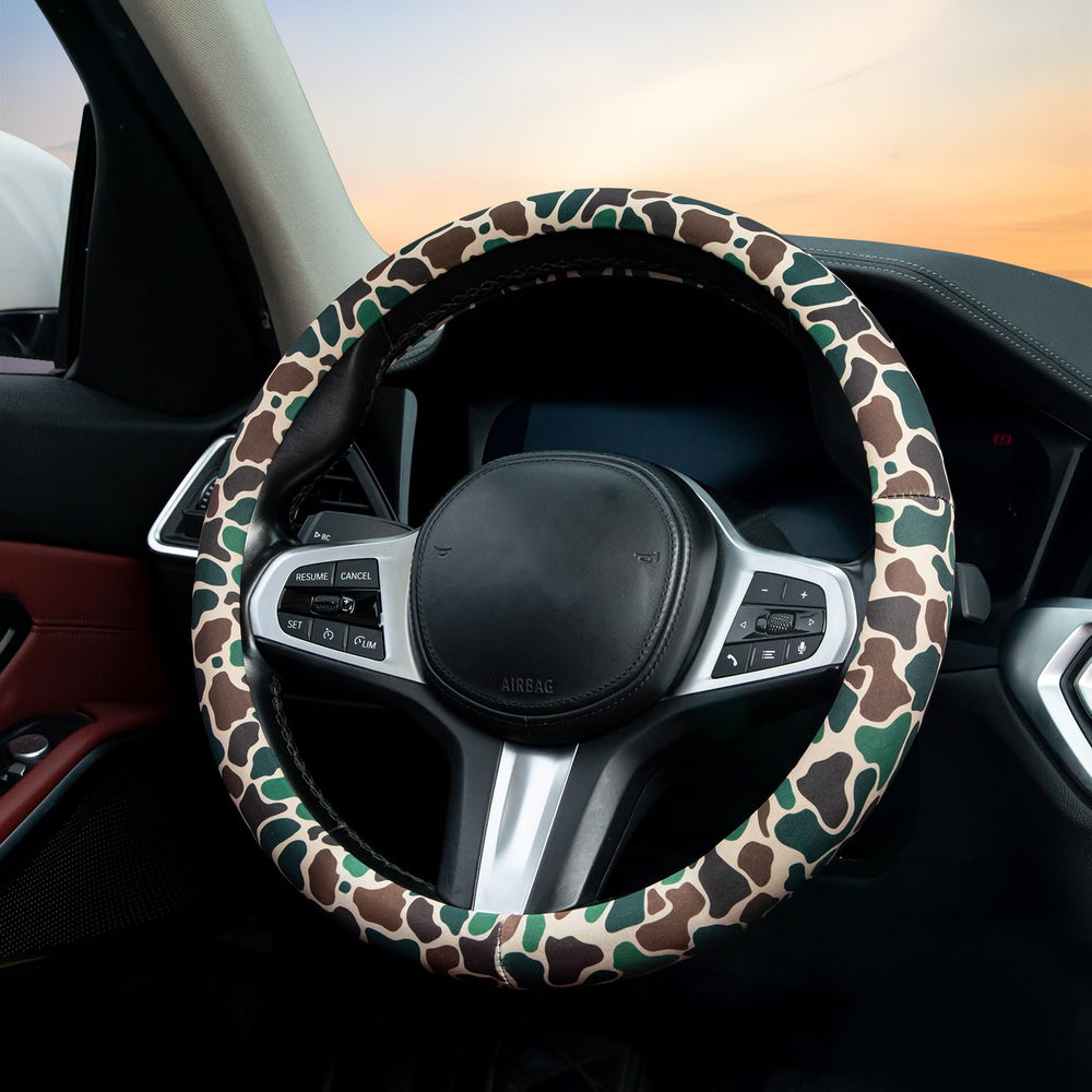 MAKLUVL army camo steering wheel cover close-up showing durable stitching and colorfast print
