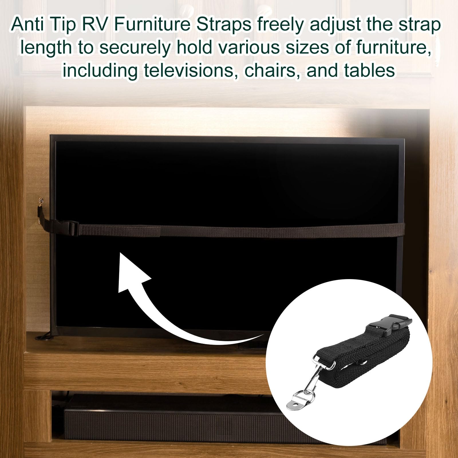 Malae RecPro TV compatibility-focused strap for camper interiors.