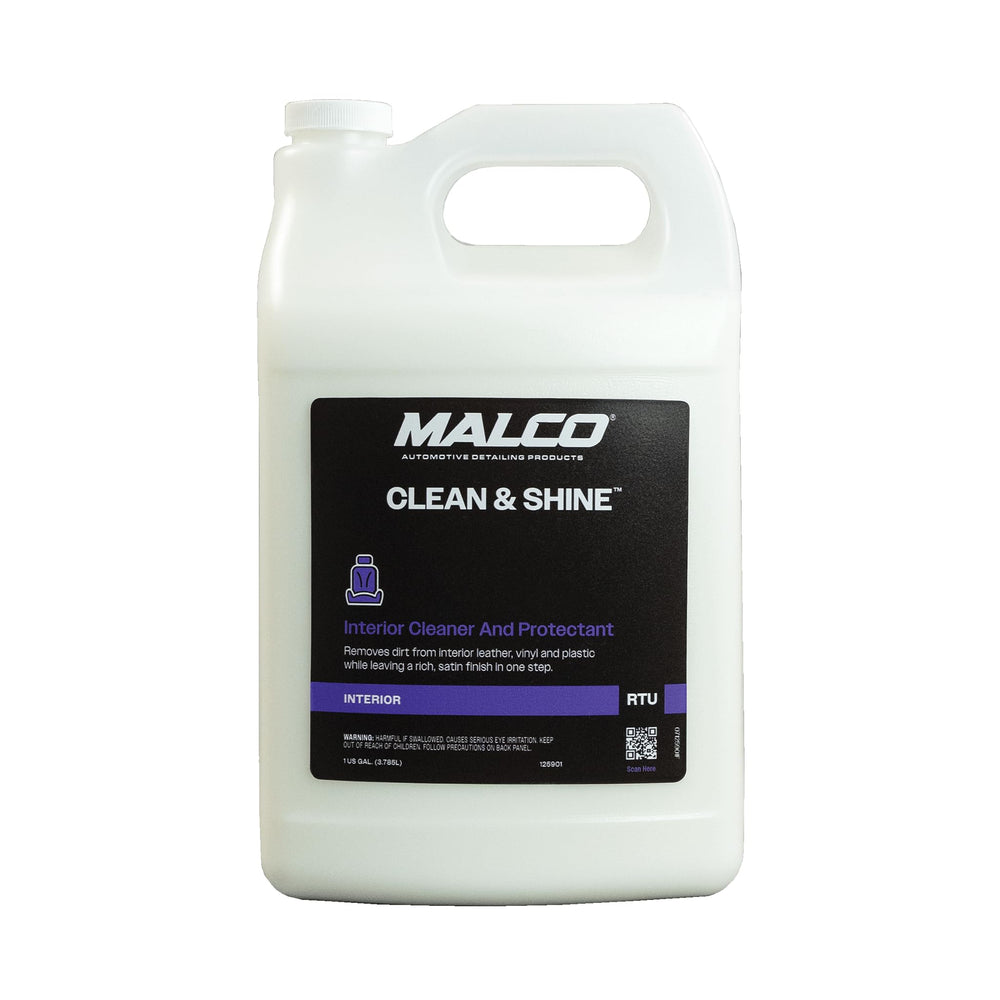 Malco Clean & Shine interior cleaner bottle pour showing versatile all-surface use