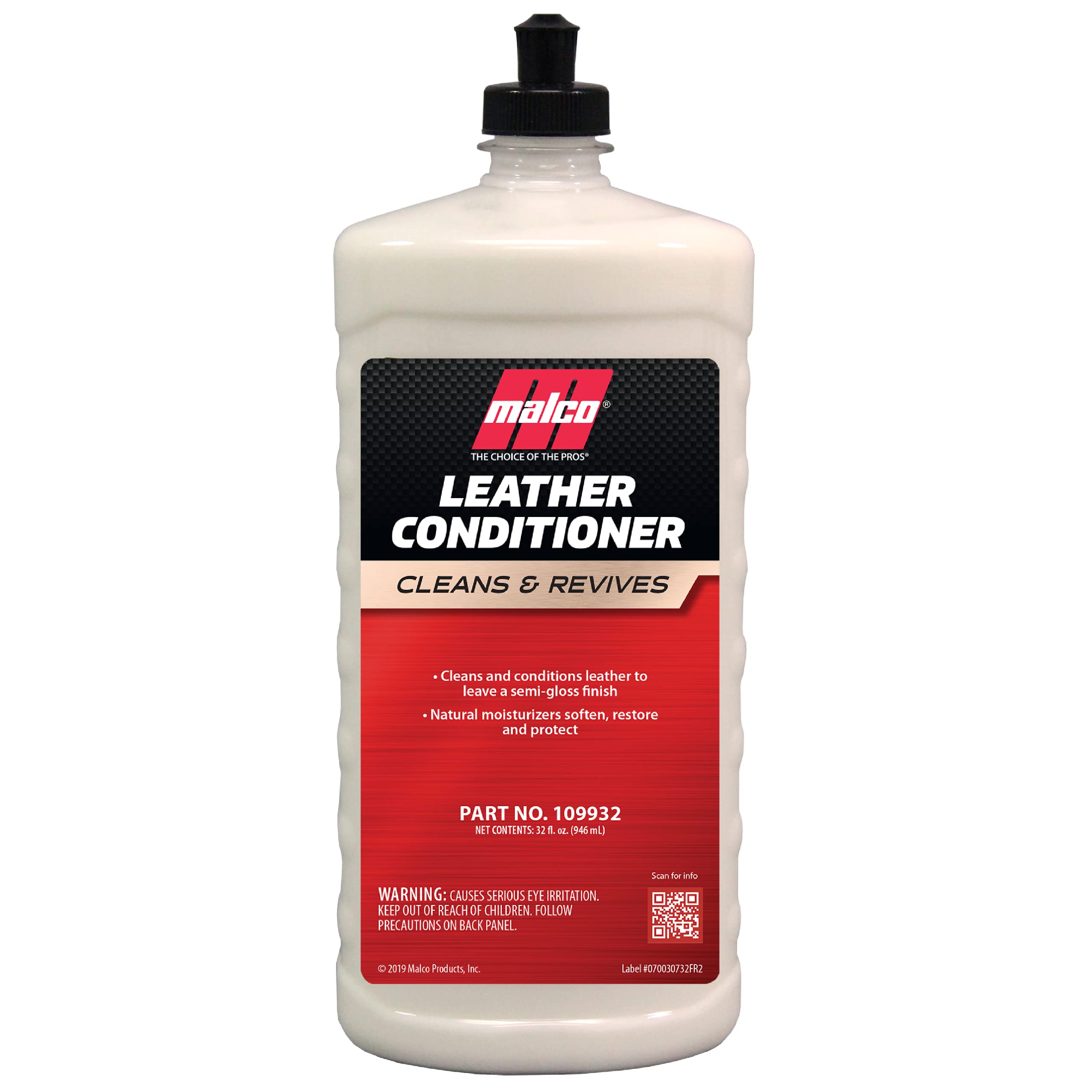 Brand Malco Leather Conditioner bottle label highlighting the 2-in-1 car care formula