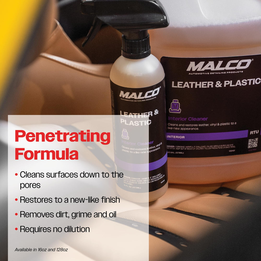 Malco Leather and Plastic Cleaner leaves a film-free, glossy finish.