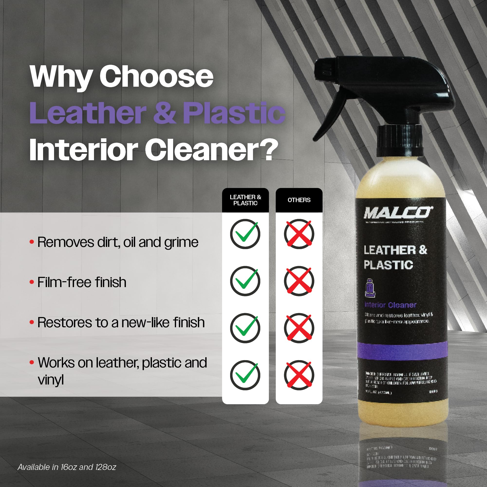 Malco Leather and Plastic Cleaner cleans steering wheels for a refreshed interior look.