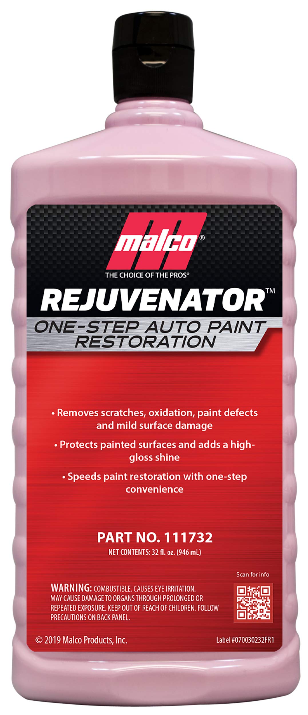 Malco Paint Rejuvenator bottle close-up with applicator pad for easy gloss restoration.
