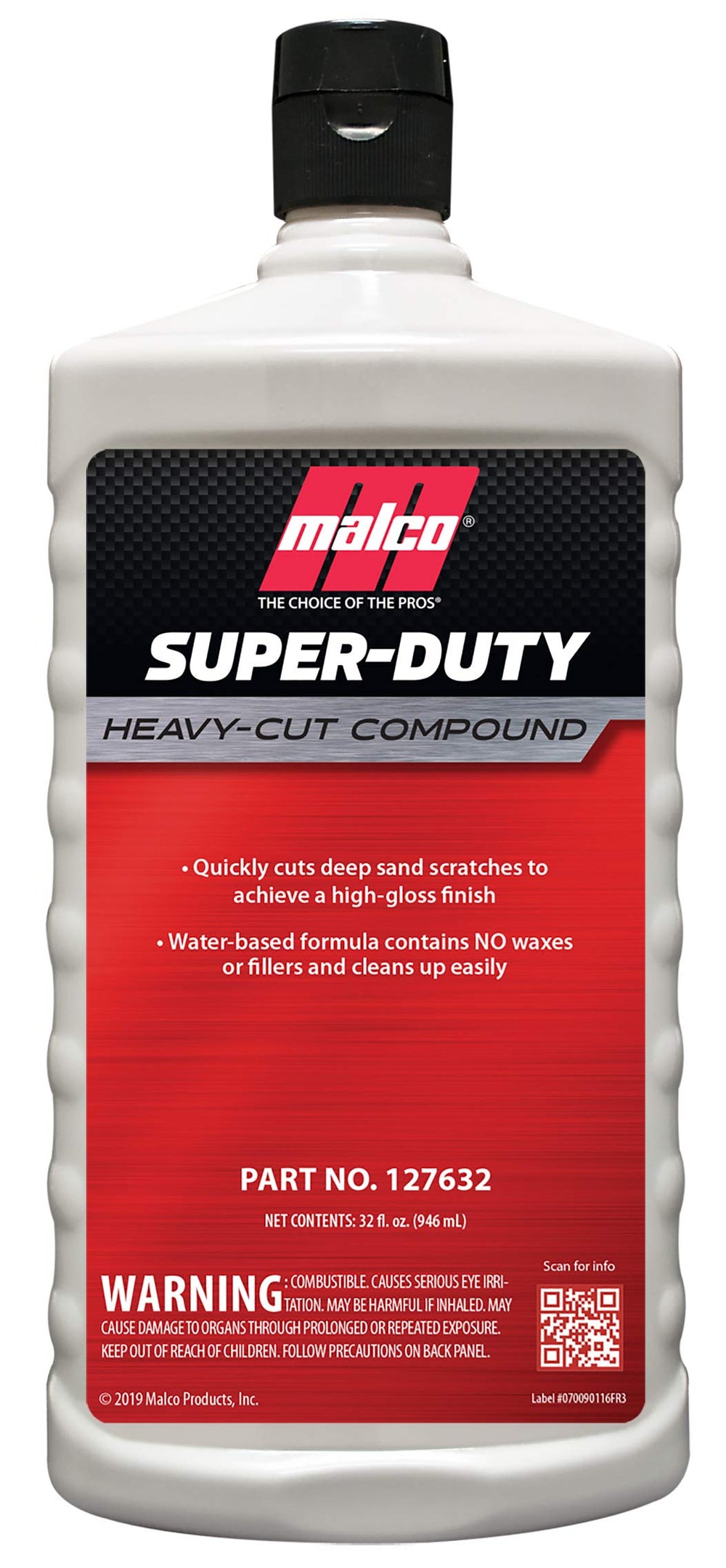 Malco Super Duty 32oz bottle ready for heavy defect removal on painted surfaces.