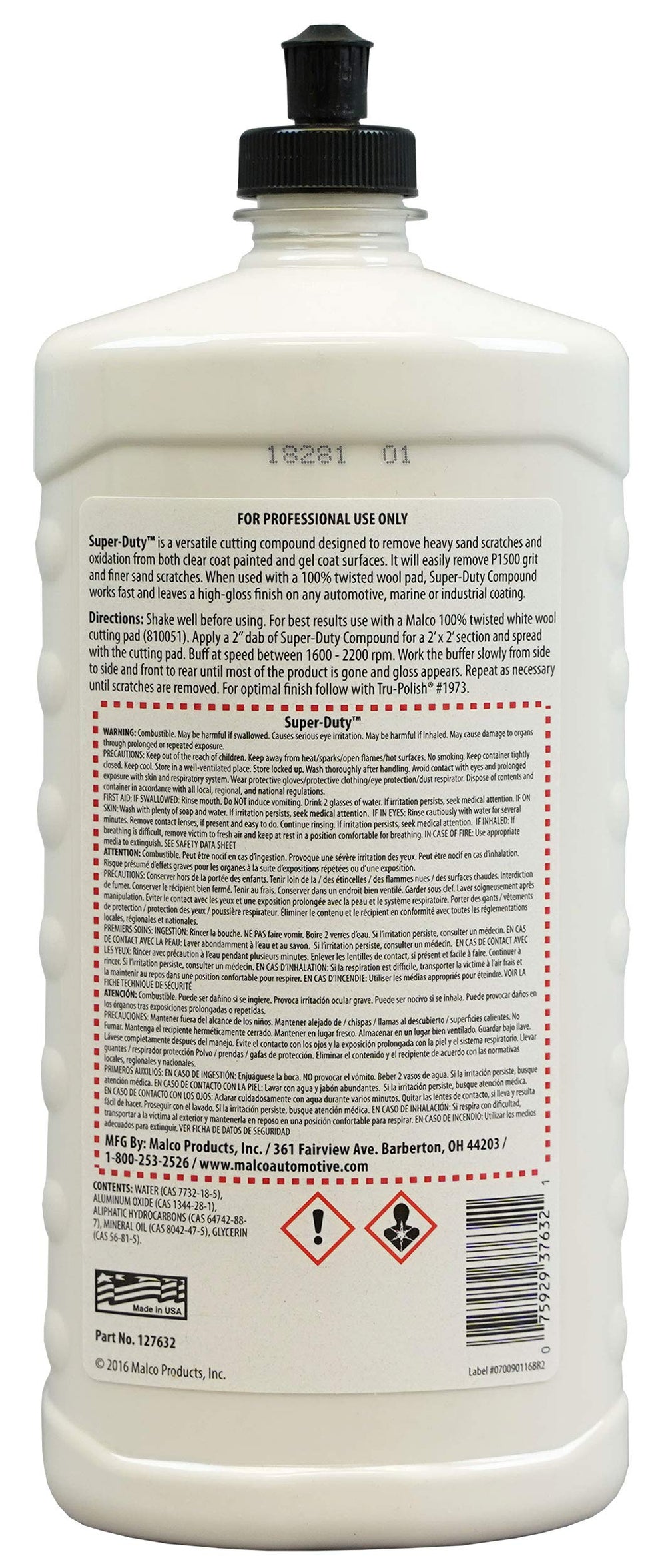 Malco Heavy Cut compound with a white wool cutting pad ready for polishing.