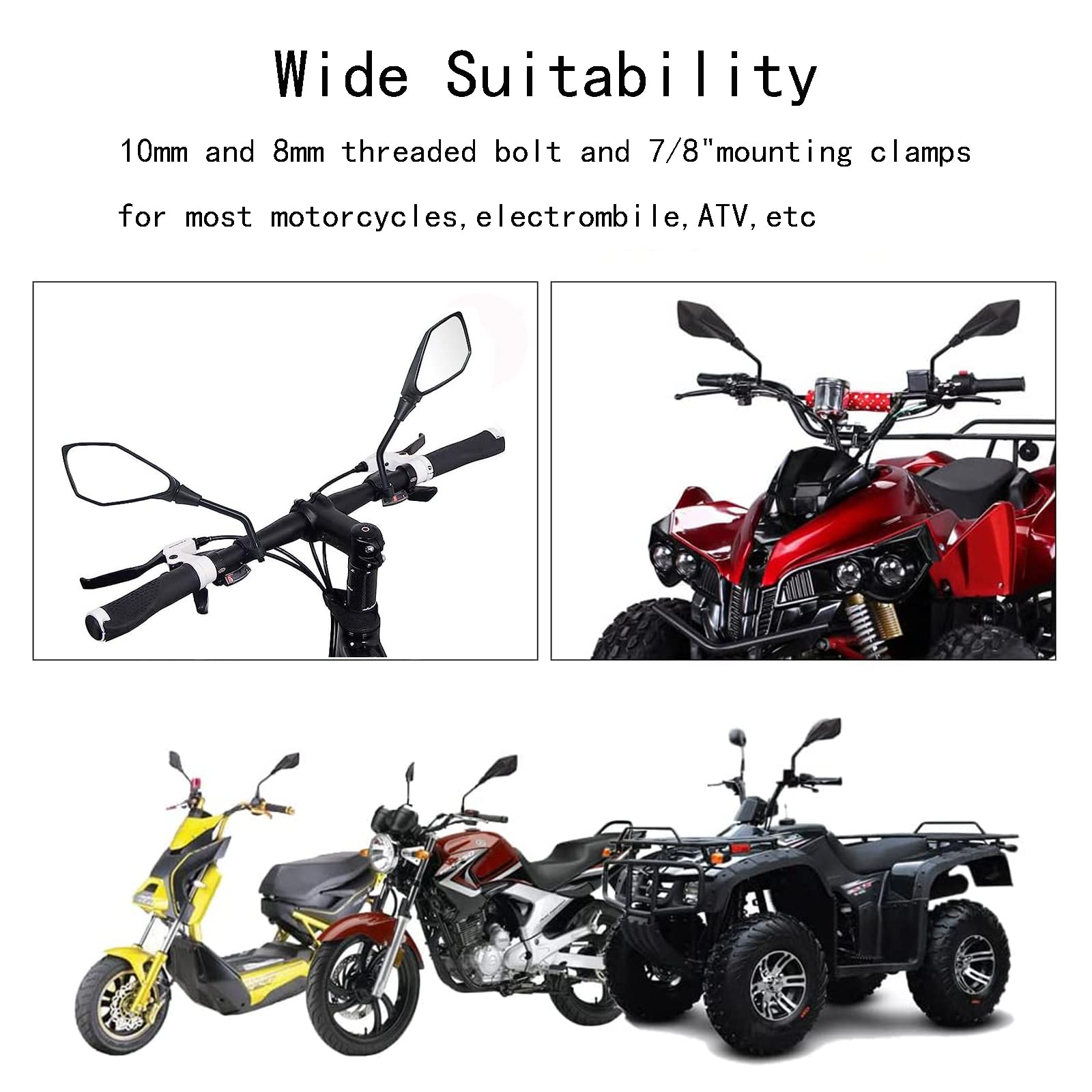Mamiko wide compatibility rear-view mirrors fit motorcycles, ATVs, scooters.