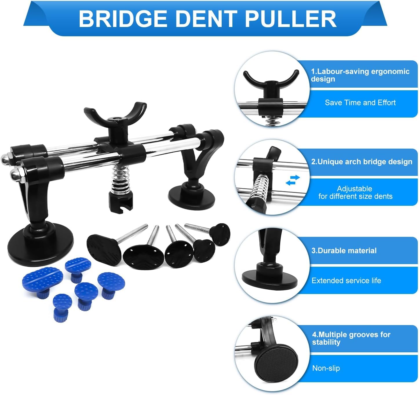 Manelord blue puller tabs accommodate varied dent sizes.