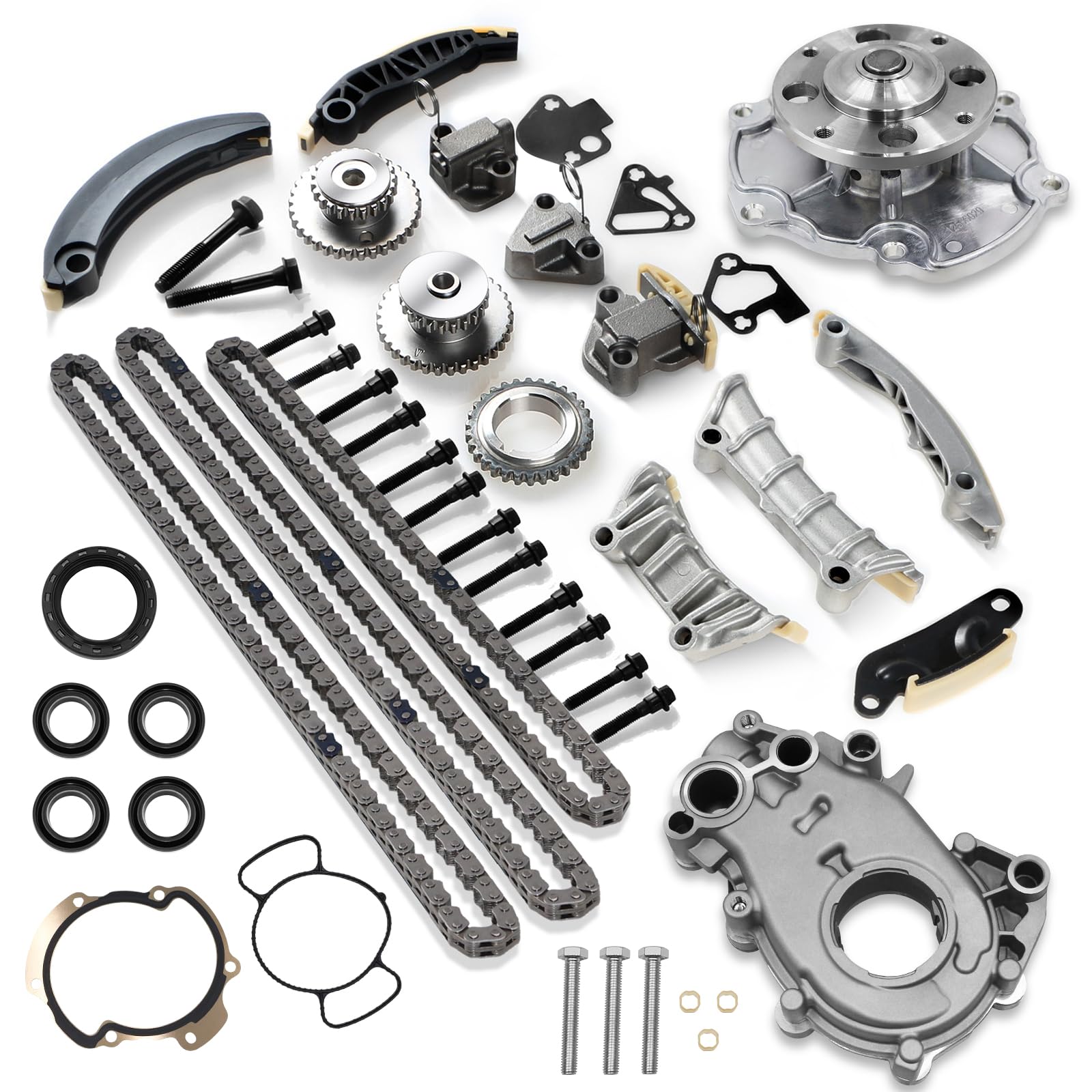 Mango S 3.6 timing chain kit with water pump for GM engines, enhances reliability.