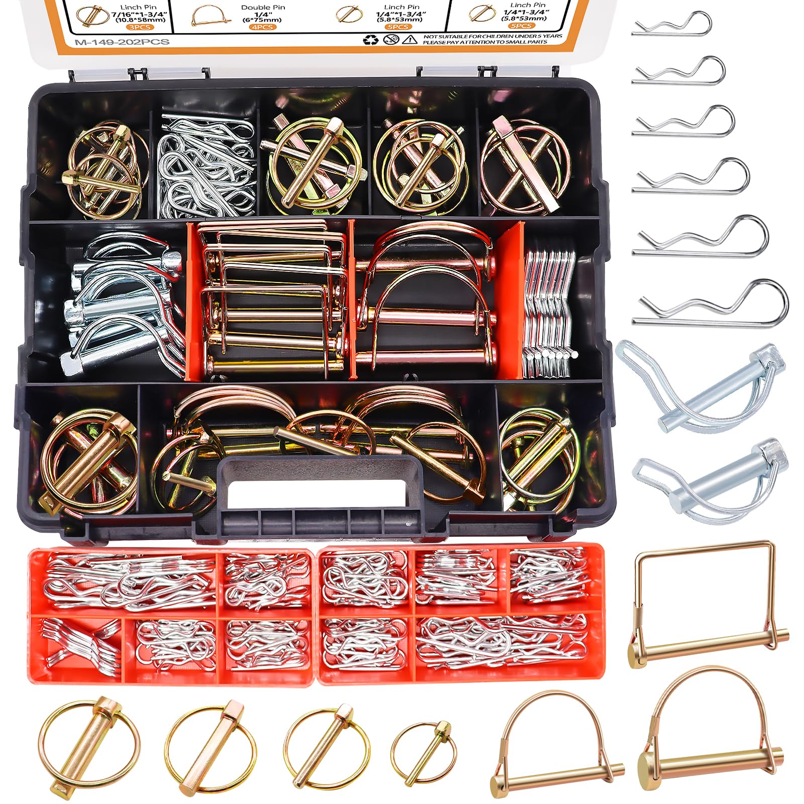 Mankk 202PCS hitch pin kit box view shows diverse pins for quick releases