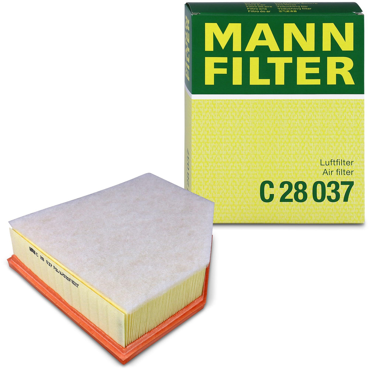MANN-FILTER C 28 037 engine air filter close-up highlights embossed pleats for stable airflow.