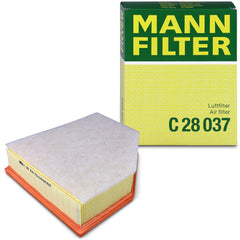 MANN-FILTER C 28 037 engine air filter close-up highlights embossed pleats for stable airflow.