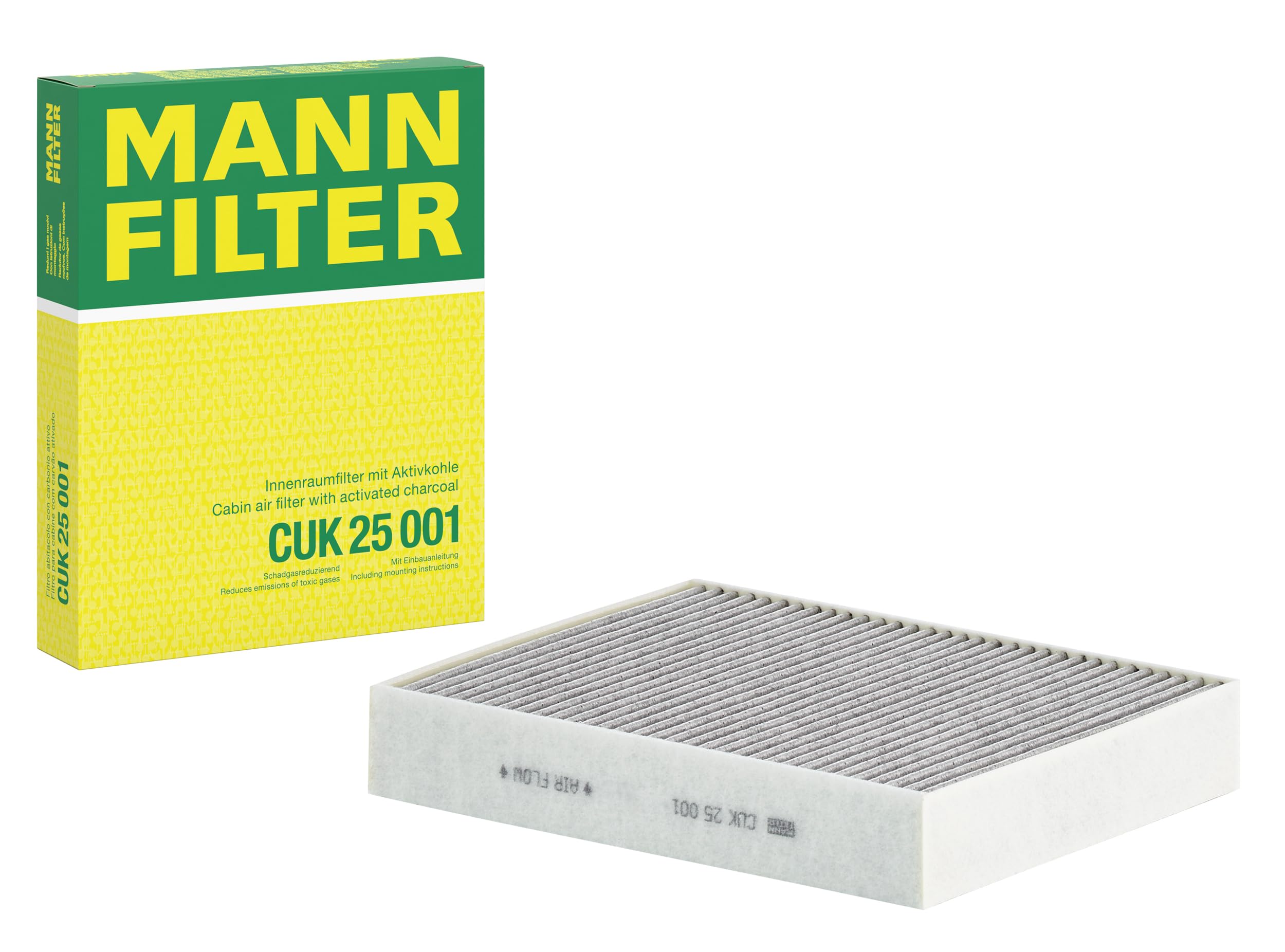 MANN-FILTER CUK 25 001 cabin air filter activated carbon packaging for easy replacement.