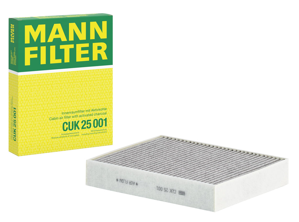 MANN-FILTER CUK 25 001 cabin air filter activated carbon packaging for easy replacement.