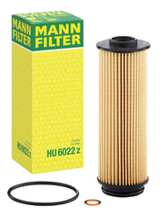 MANN-FILTER HU 6022 z cartridge oil filter close-up, showcasing high dirt-holding capacity for clean oil