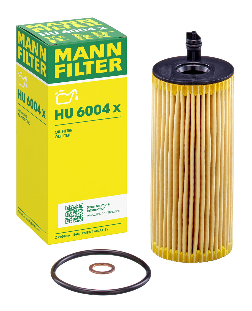 MANN-FILTER HU 6004 x oil filter front view showing high dirt-holding capacity for BMW engines.