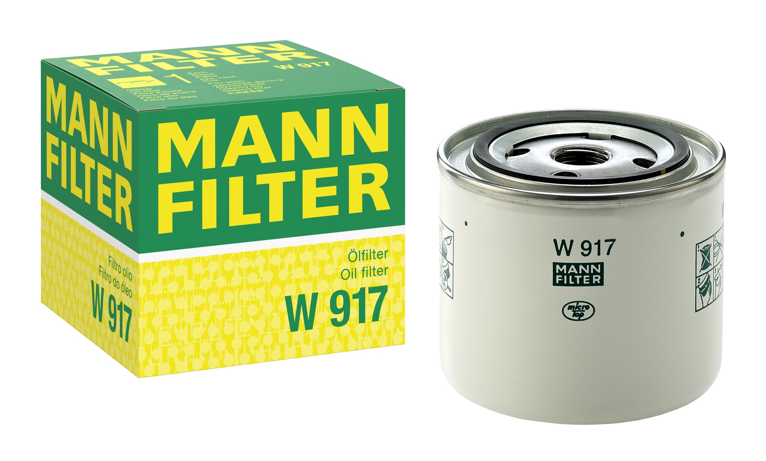 Mann Filter W 917 front view shows durable spin-on oil filter housing for quick changes