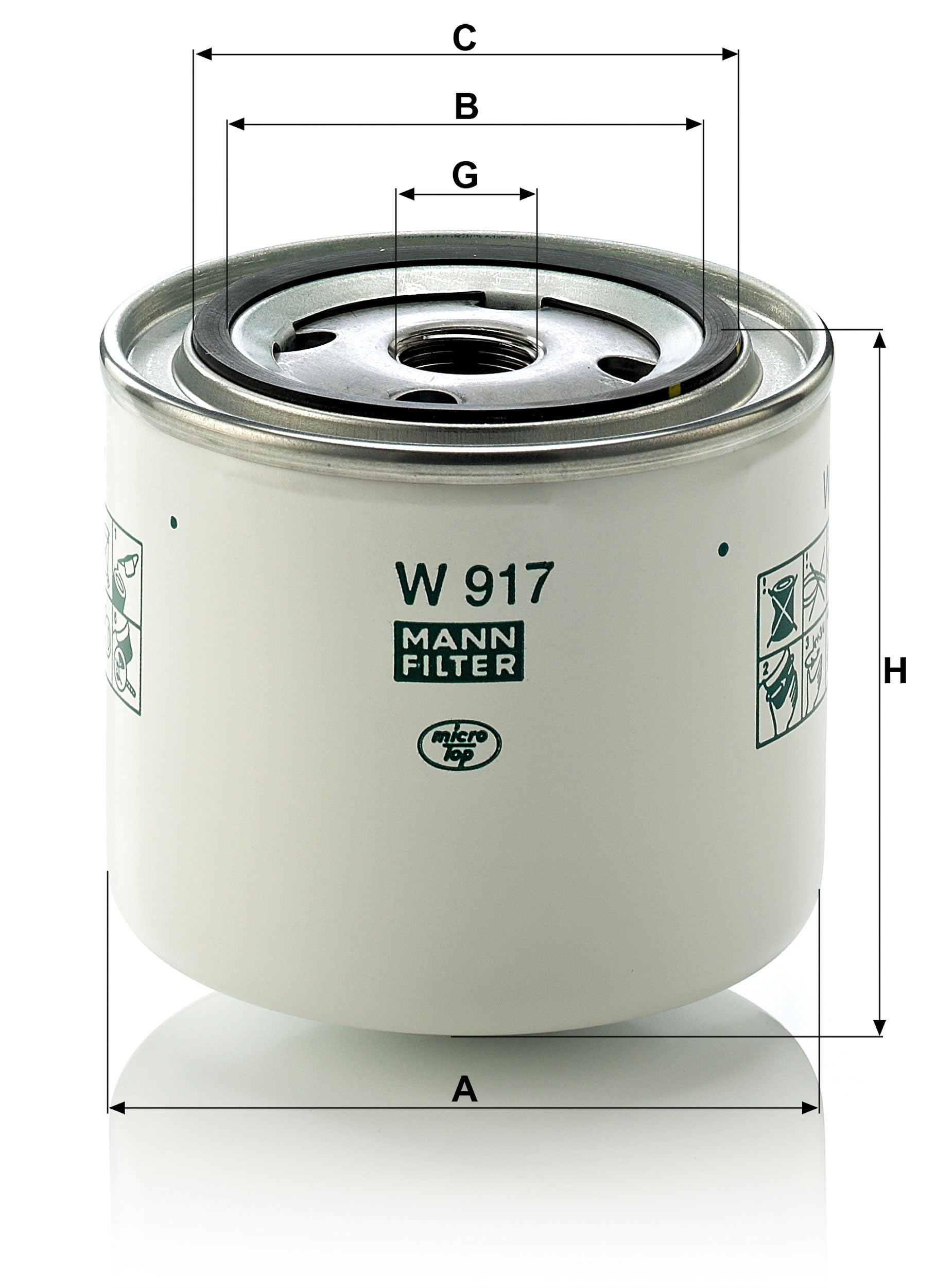 Mann Filter W 917 top view illustrates compact design for various engine bays