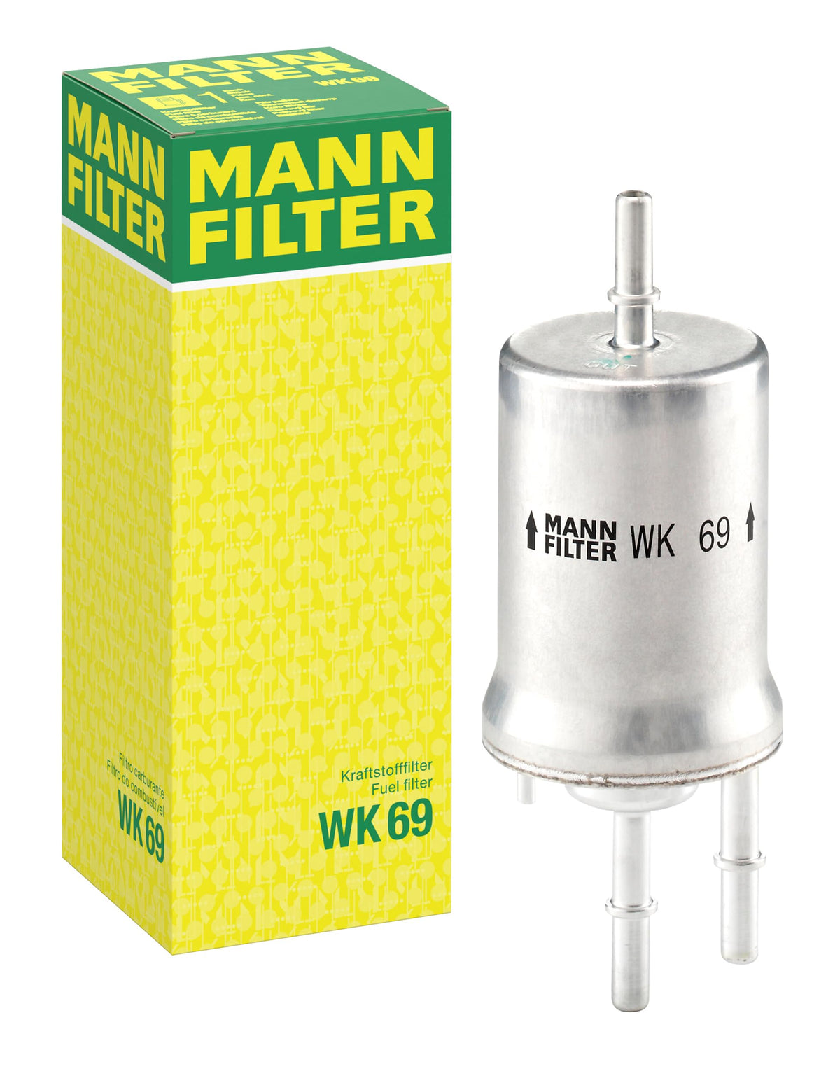 MANN-FILTER WK 69 fuel filter front view shows robust build for reliable filtration.