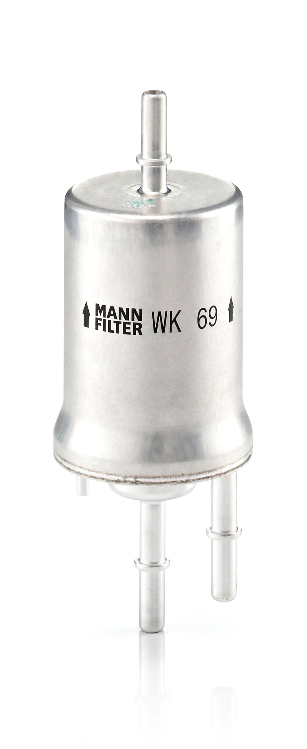 MANN-FILTER WK 69 fuel filter side view highlights compact design for easy installation.