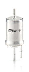 MANN-FILTER WK 69 fuel filter side view highlights compact design for easy installation.