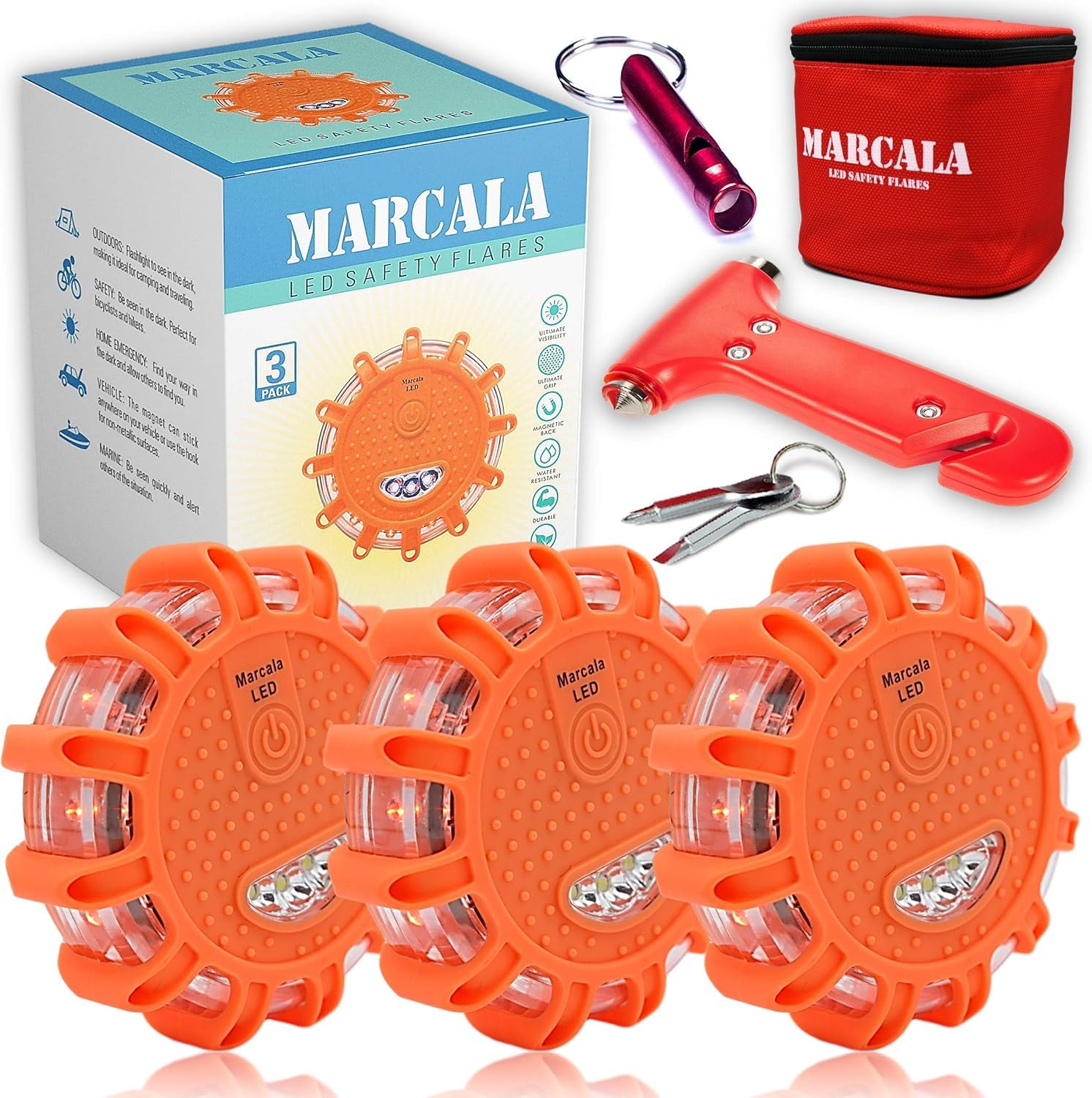 Marcala 3-Pack LED road flares in box for gifting and quick setup