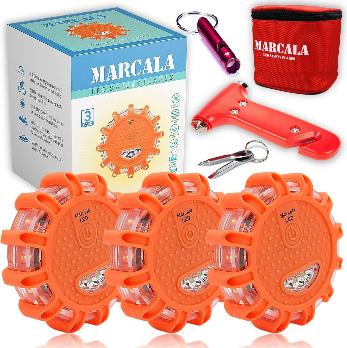Marcala 3-Pack LED road flares in box for gifting and quick setup