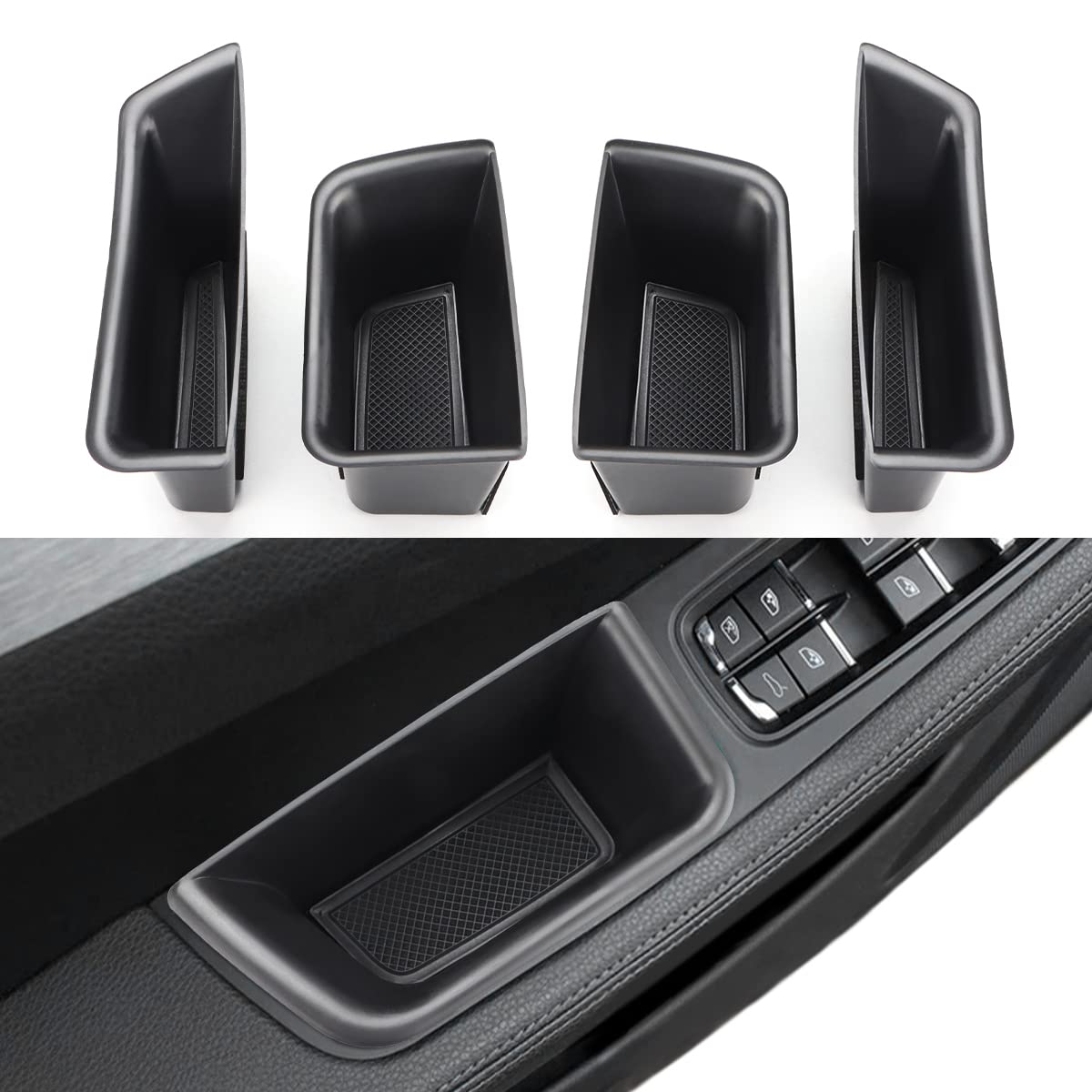 MARCHFA car door tray organizer front door in use keeps small items organized on Porsche Macan.