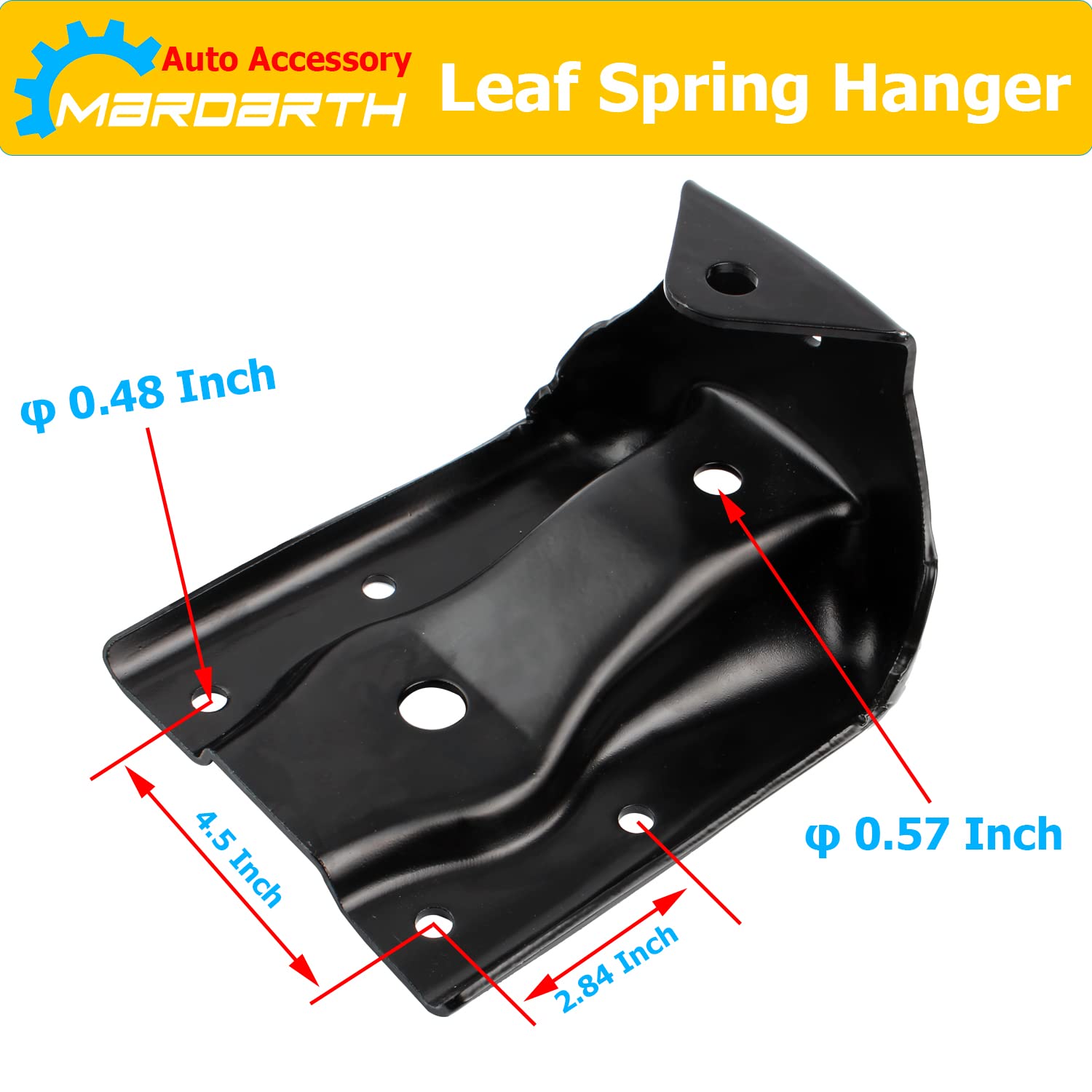 Mardarth rear leaf spring hanger closeup emphasizes high-quality welds and corrosion resistance.