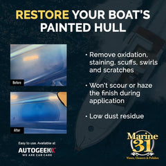 Dual-action polisher applying Marine 31 cleaner for a smooth buff